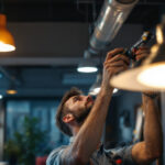 A photograph of a skilled lighting contractor at work