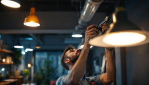 A photograph of a skilled lighting contractor at work
