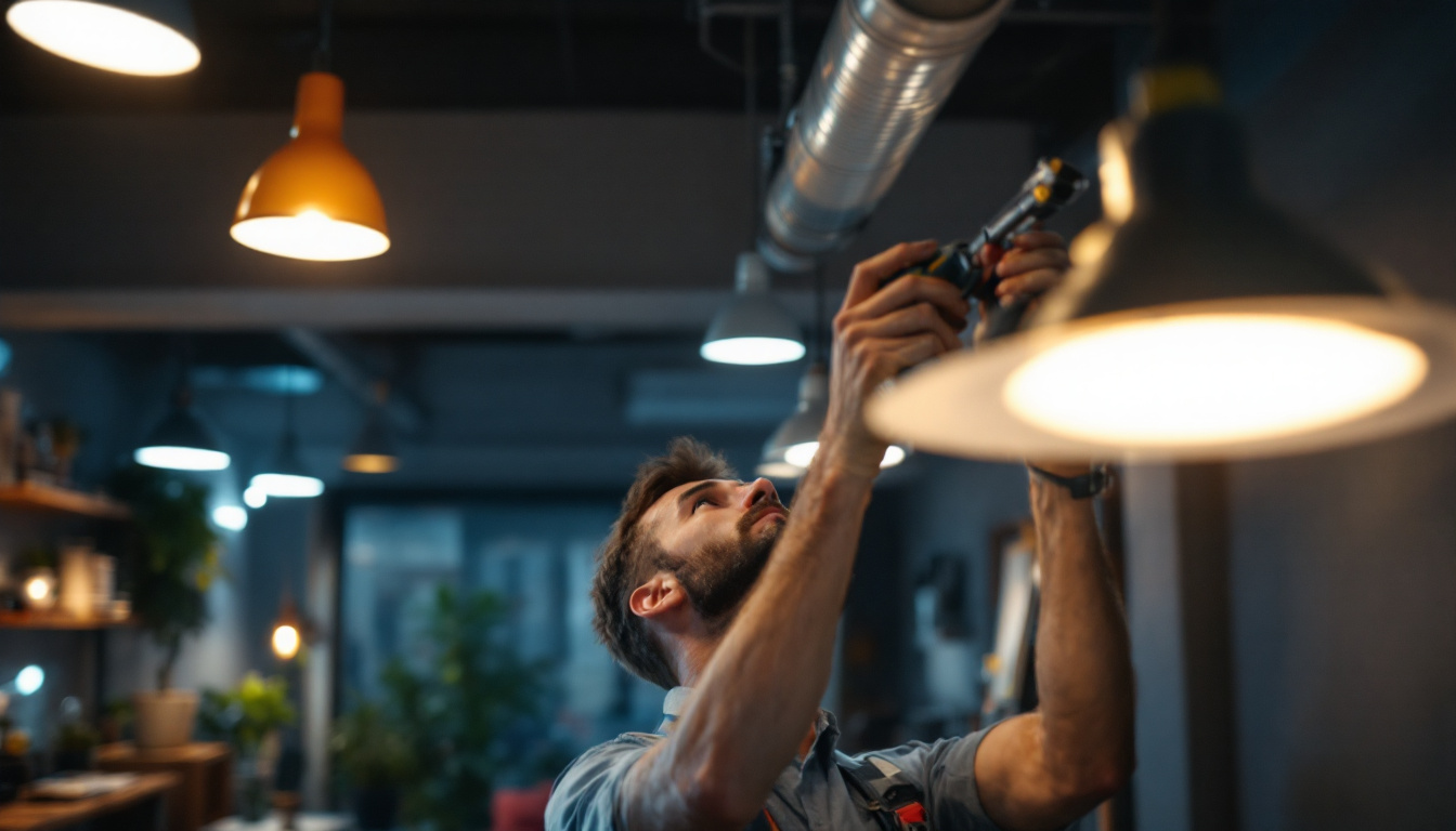 A photograph of a skilled lighting contractor at work