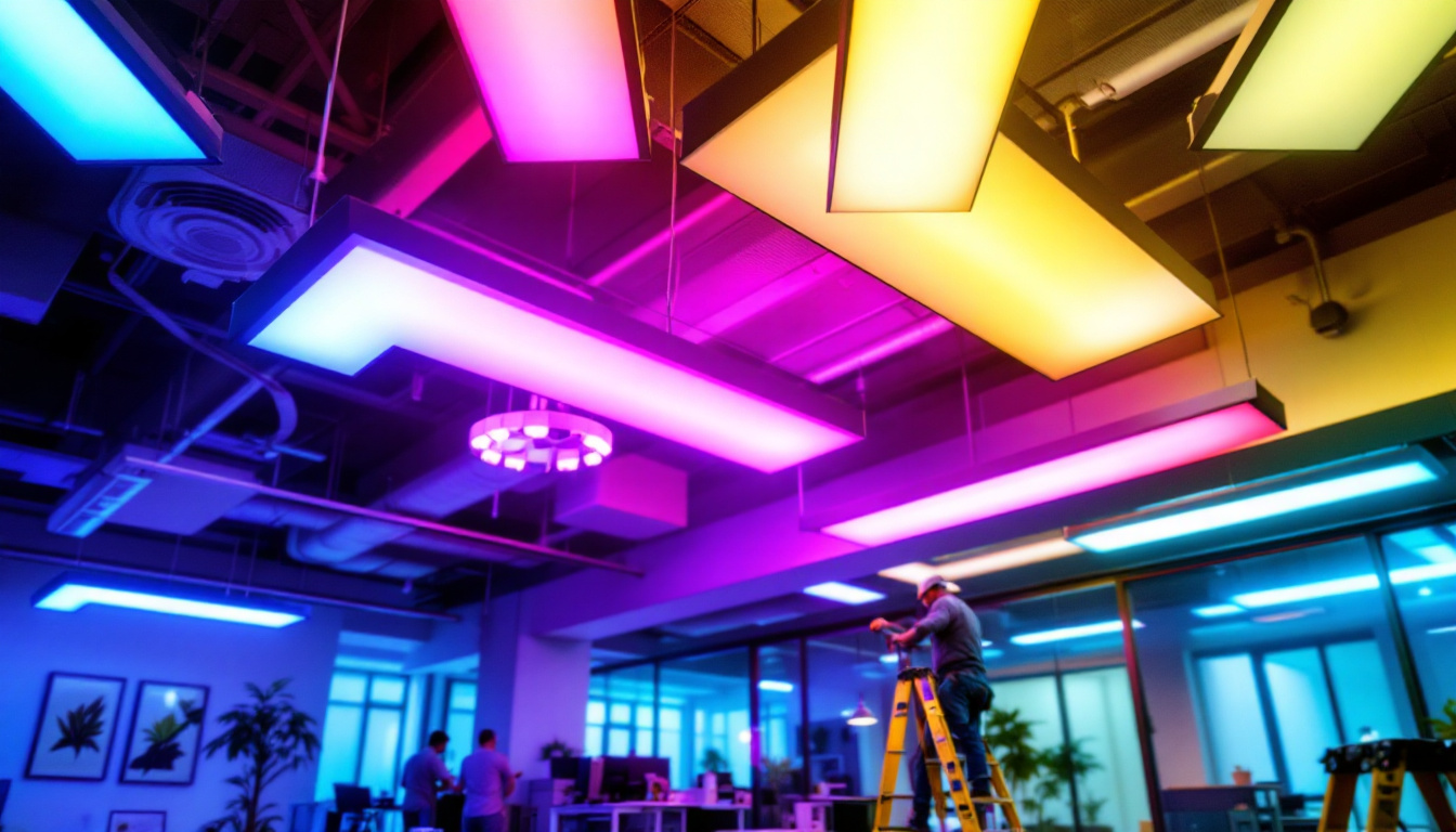 A photograph of a well-lit workspace featuring fluorescent lights with vibrant light diffusers installed