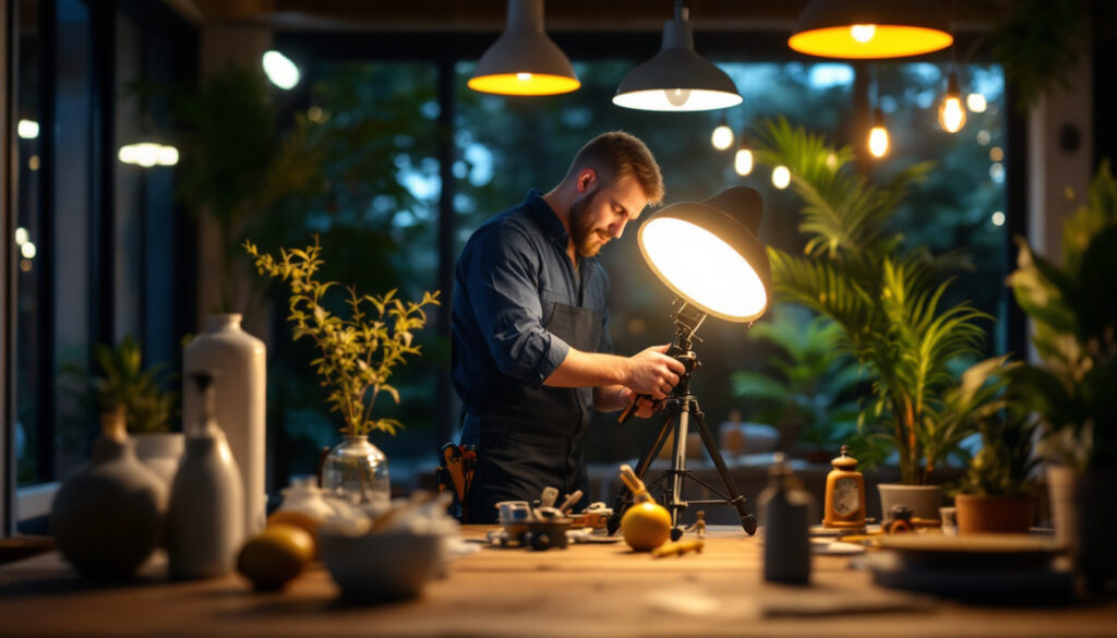 A photograph of a skilled lighting contractor at work
