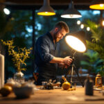 A photograph of a skilled lighting contractor at work
