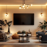 A photograph of a beautifully designed living room showcasing a variety of stylish light fixtures
