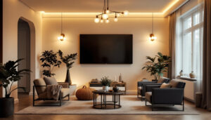 A photograph of a beautifully designed living room showcasing a variety of stylish light fixtures
