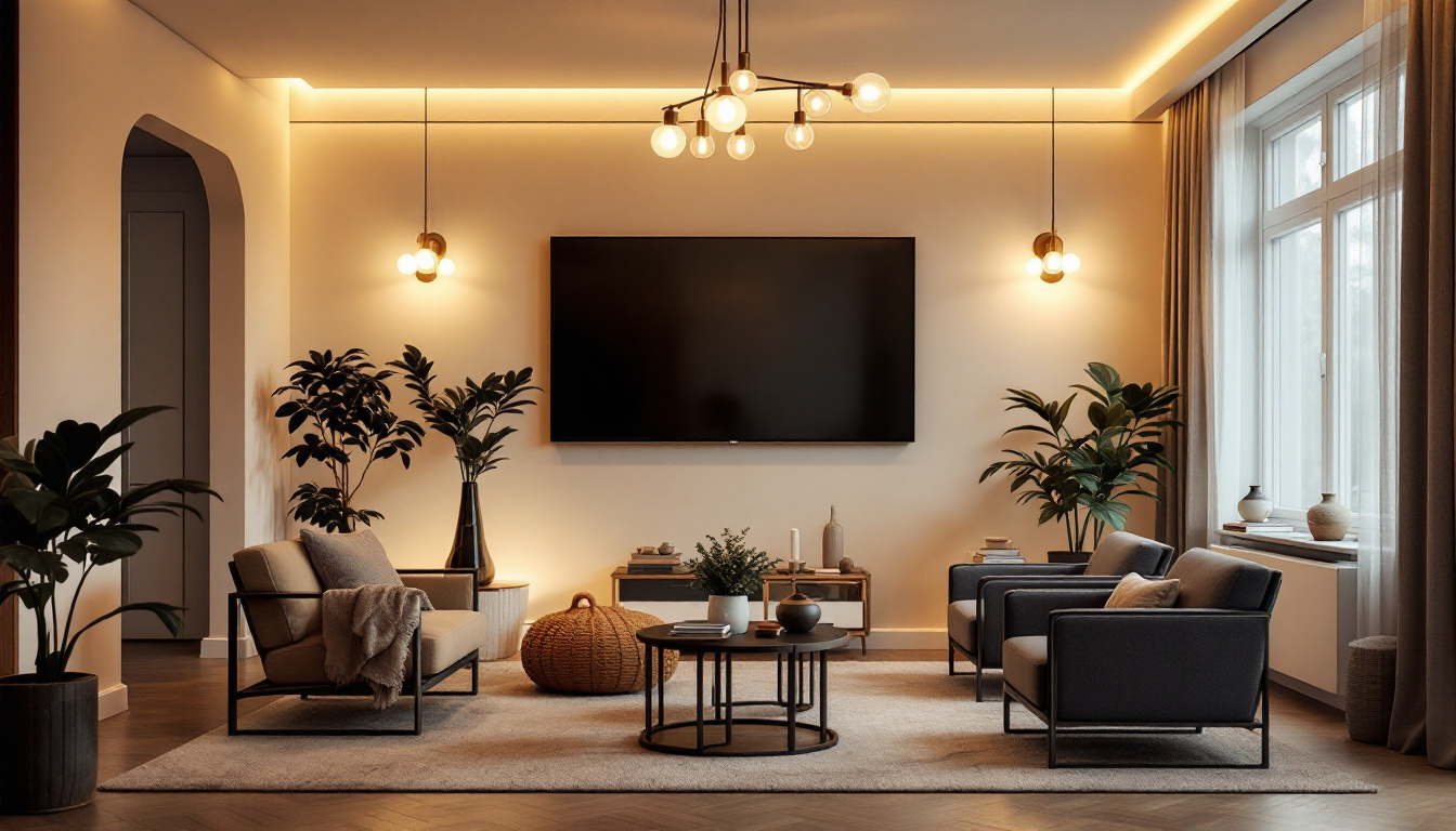 A photograph of a beautifully designed living room showcasing a variety of stylish light fixtures