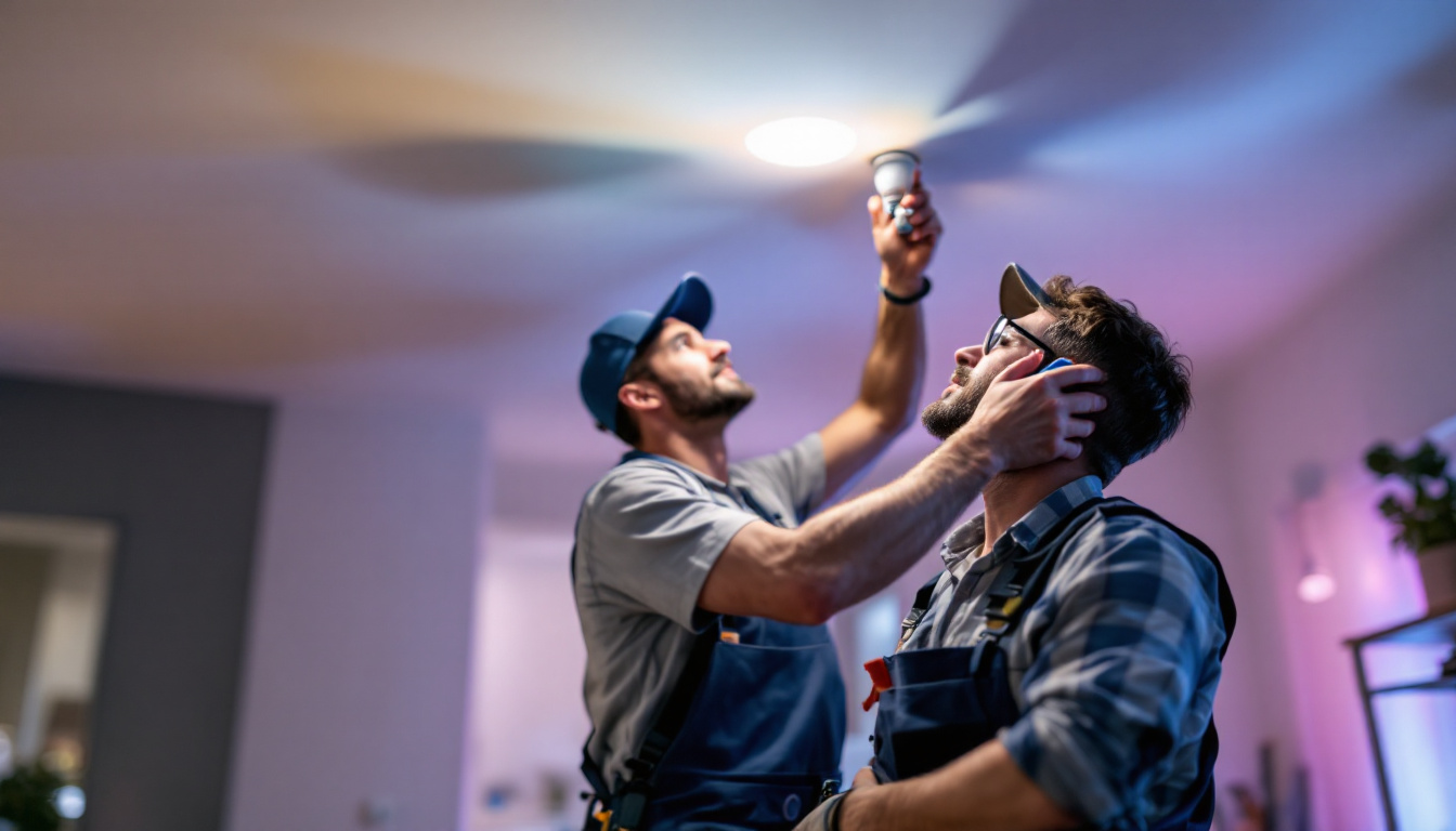 A photograph of a lighting contractor installing recessed light bulbs in a modern home setting