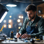 A photograph of a skilled lighting contractor at work