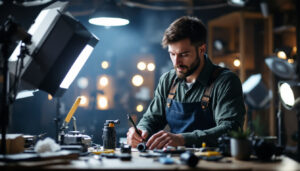 A photograph of a skilled lighting contractor at work