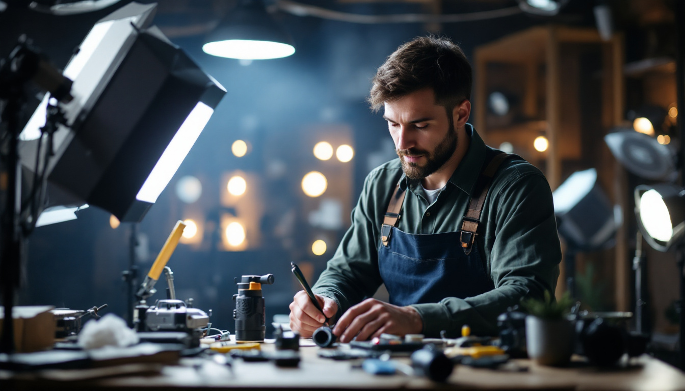 A photograph of a skilled lighting contractor at work