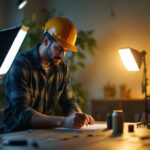 A photograph of a lighting contractor working with various light sources in a well-lit space