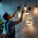 A photograph of a skilled lighting contractor expertly installing a variety of stylish light fixtures in a beautifully designed interior space