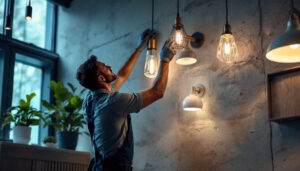 A photograph of a skilled lighting contractor expertly installing a variety of stylish light fixtures in a beautifully designed interior space