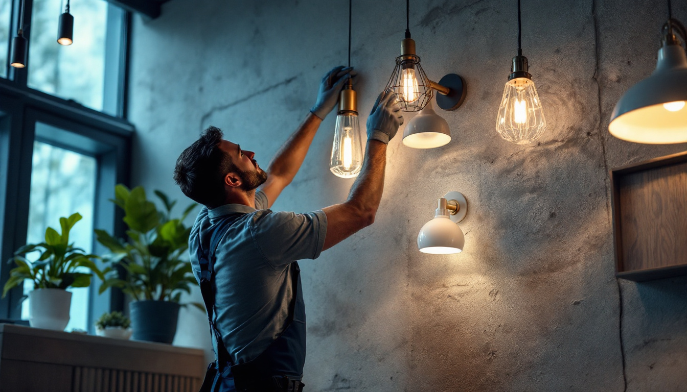 A photograph of a skilled lighting contractor expertly installing a variety of stylish light fixtures in a beautifully designed interior space