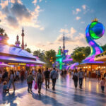 A photograph of a vibrant scene at lumen theme park showcasing its innovative energy-efficient attractions