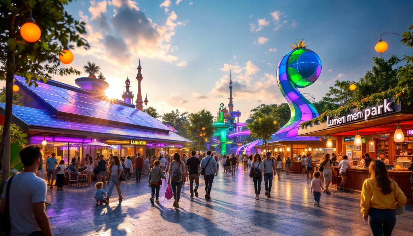 A photograph of a vibrant scene at lumen theme park showcasing its innovative energy-efficient attractions
