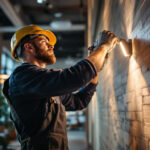 A photograph of a lighting contractor skillfully installing modern