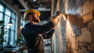 A photograph of a lighting contractor skillfully installing modern