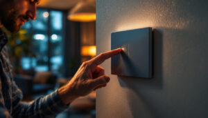 A photograph of a lighting contractor installing a sleek