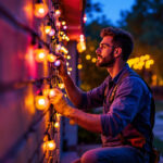 A photograph of a lighting contractor installing vibrant outdoor led lights in a residential or commercial setting