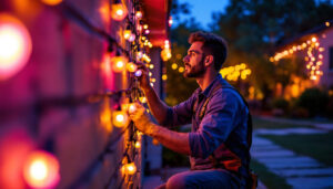 A photograph of a lighting contractor installing vibrant outdoor led lights in a residential or commercial setting