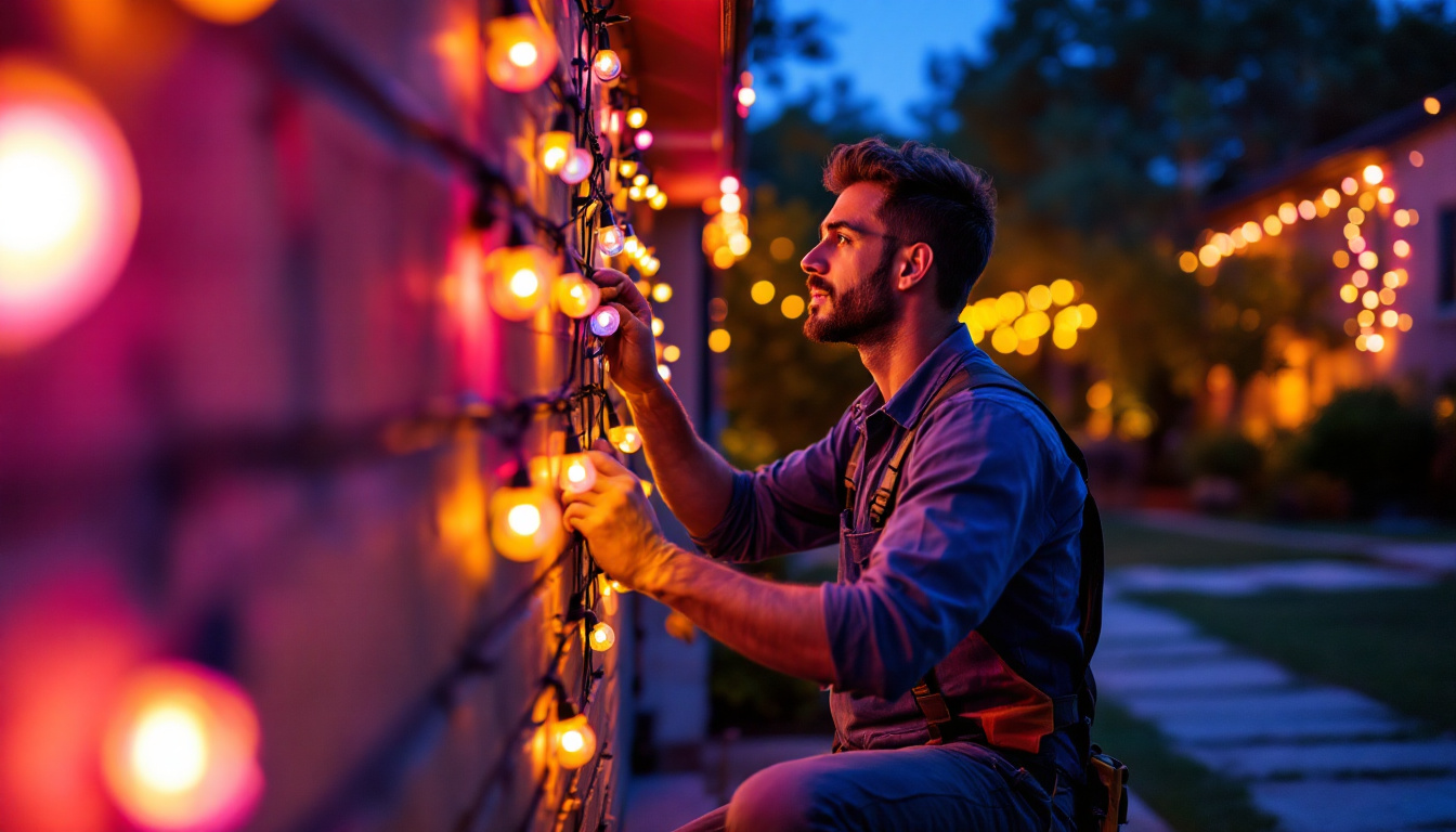 A photograph of a lighting contractor installing vibrant outdoor led lights in a residential or commercial setting