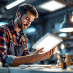 A photograph of a lighting contractor examining a sleek