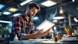 A photograph of a lighting contractor examining a sleek