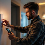 A photograph of a lighting contractor installing a 0-10v dimmer switch in a modern residential setting