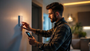A photograph of a lighting contractor installing a 0-10v dimmer switch in a modern residential setting