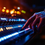 A photograph of a lighting contractor adjusting an auditorium dimmer switch
