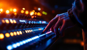 A photograph of a lighting contractor adjusting an auditorium dimmer switch