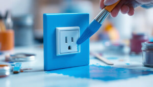 A photograph of a skilled lighting contractor painting a tiny electrical outlet in a vibrant color