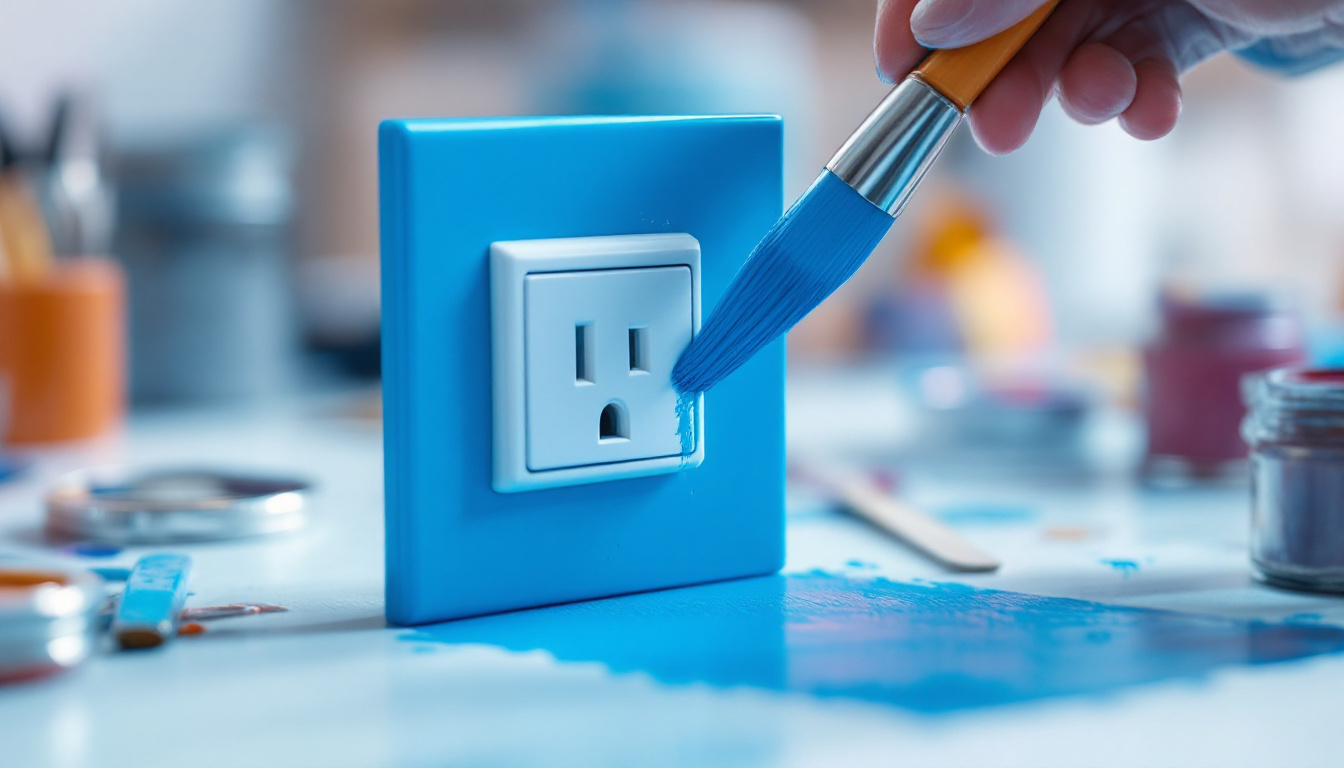 A photograph of a skilled lighting contractor painting a tiny electrical outlet in a vibrant color