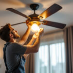A photograph of a lighting contractor skillfully installing a stylish light fixture and ceiling fan in a modern home setting