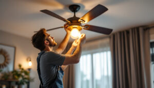 A photograph of a lighting contractor skillfully installing a stylish light fixture and ceiling fan in a modern home setting