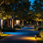 A photograph of a beautifully lit outdoor space featuring strategically placed up lighting on trees