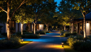 A photograph of a beautifully lit outdoor space featuring strategically placed up lighting on trees