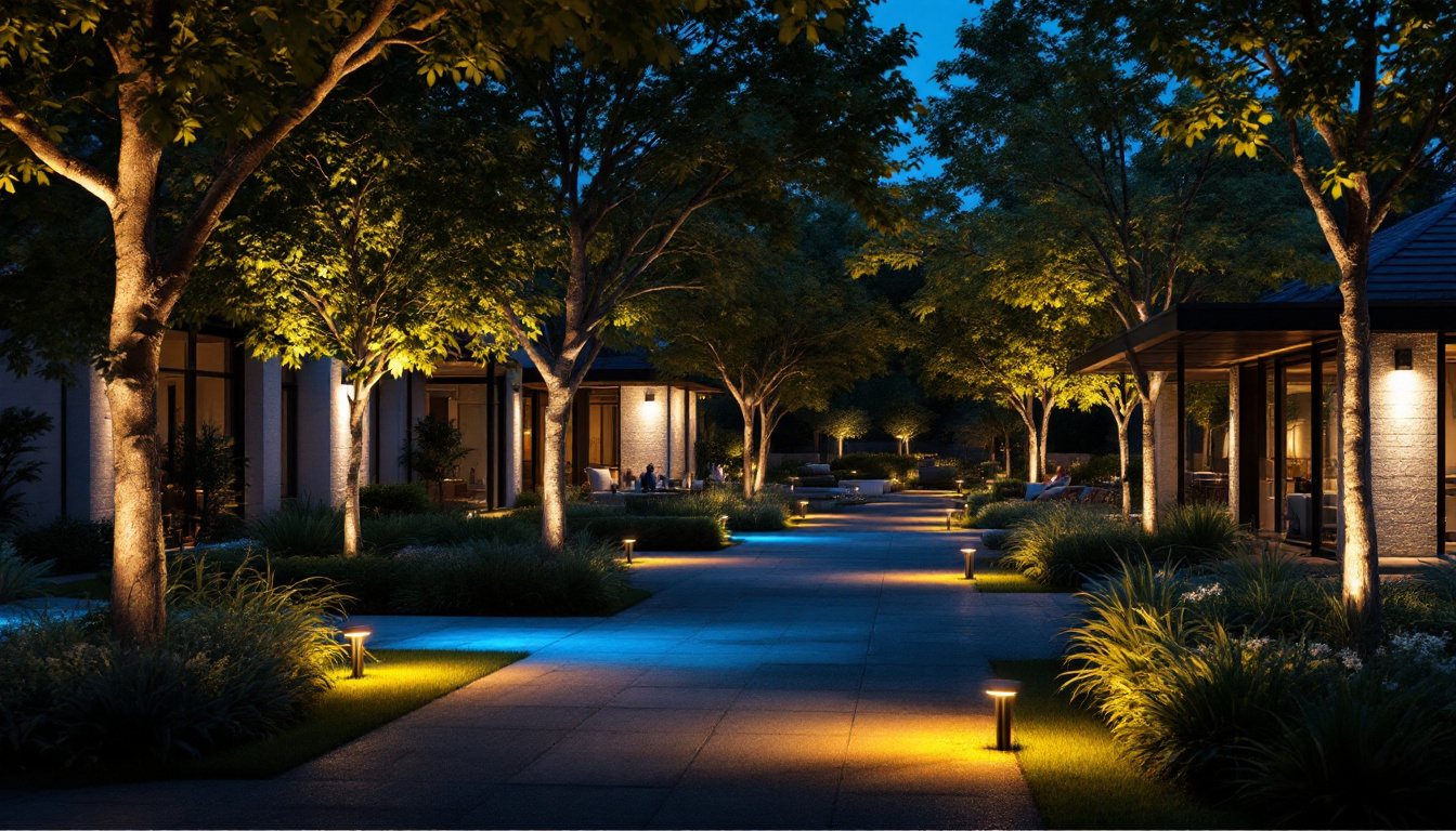 A photograph of a beautifully lit outdoor space featuring strategically placed up lighting on trees
