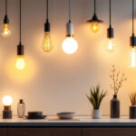 A photograph of a stylish array of small light fixtures in a well-lit interior setting