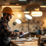 A photograph of a lighting contractor examining various lighting fixtures