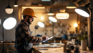 A photograph of a lighting contractor examining various lighting fixtures