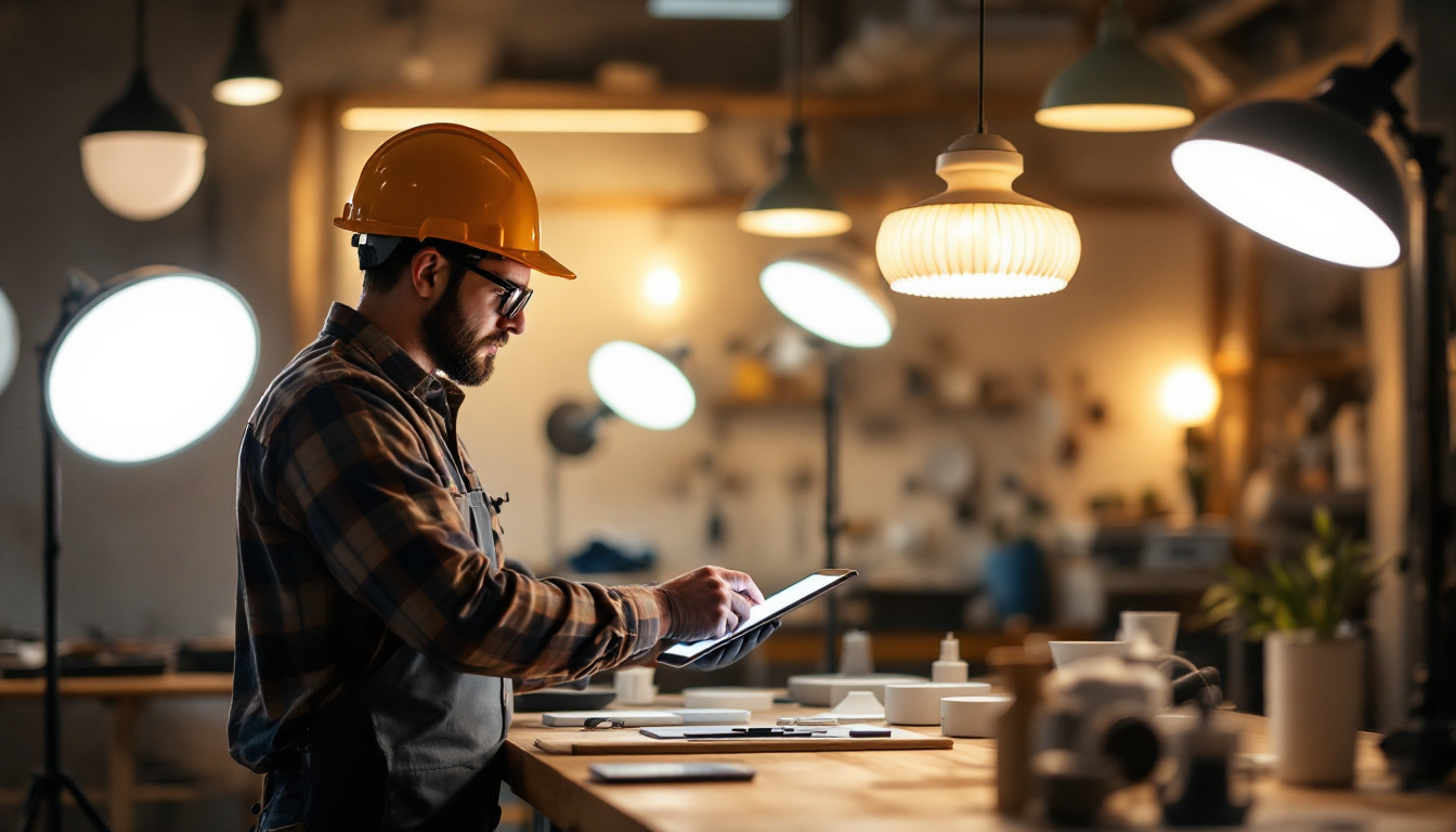 A photograph of a lighting contractor examining various lighting fixtures