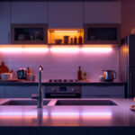 A photograph of a modern kitchen illuminated by warm led lights