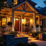 A photograph of a beautifully illuminated porch at dusk