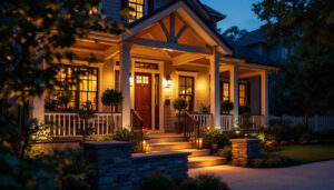 A photograph of a beautifully illuminated porch at dusk
