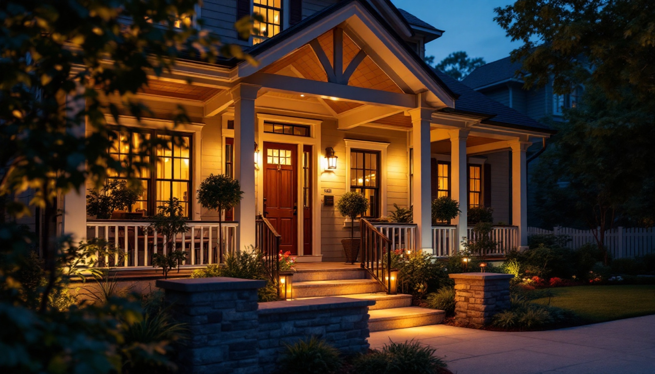 A photograph of a beautifully illuminated porch at dusk