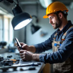 A photograph of a lighting contractor actively using a light holder in a well-lit workspace