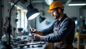 A photograph of a lighting contractor actively using a light holder in a well-lit workspace