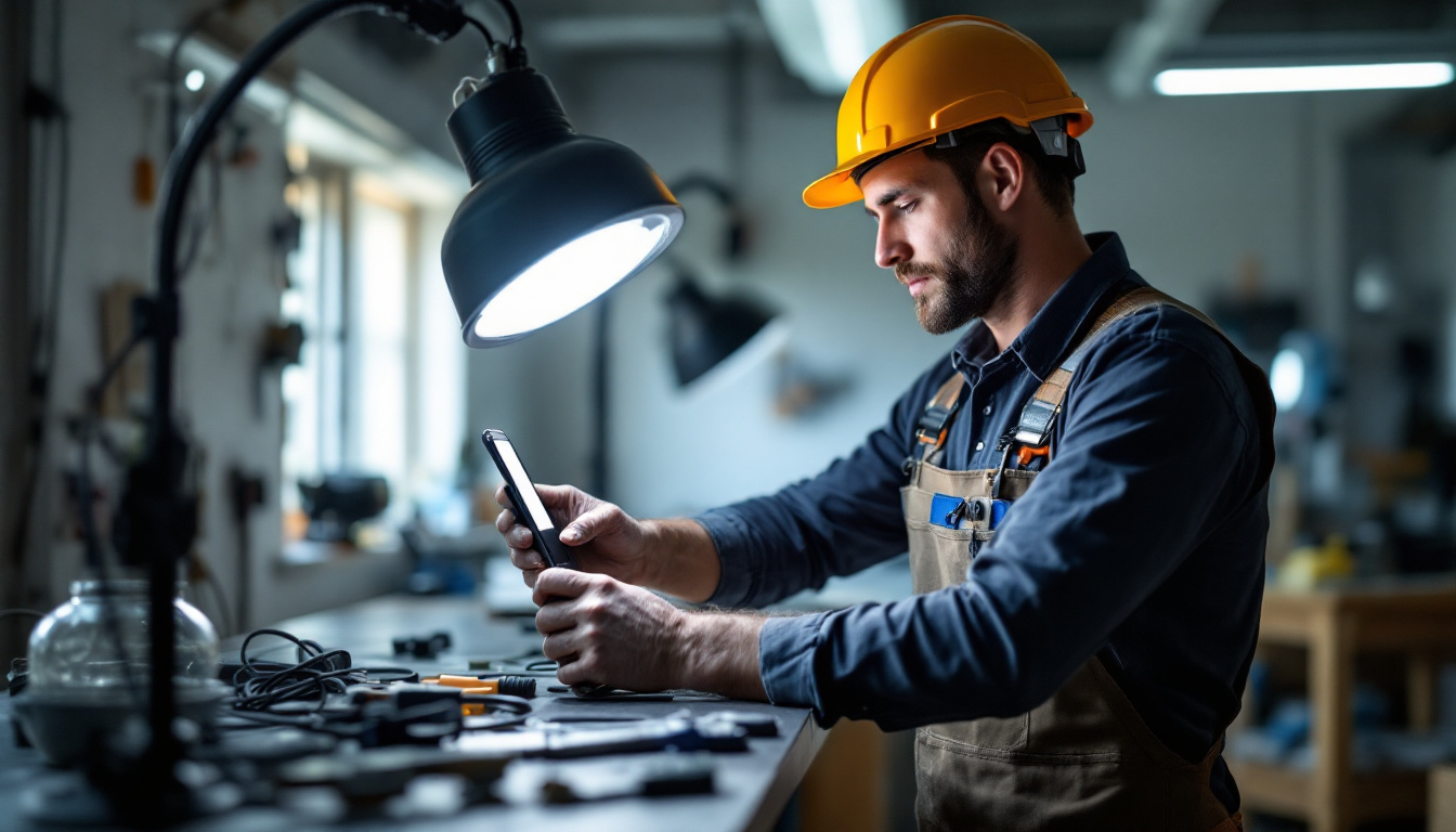 A photograph of a lighting contractor actively using a light holder in a well-lit workspace