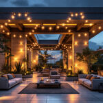 A photograph of a beautifully illuminated outdoor space showcasing a variety of lighting fixtures and techniques